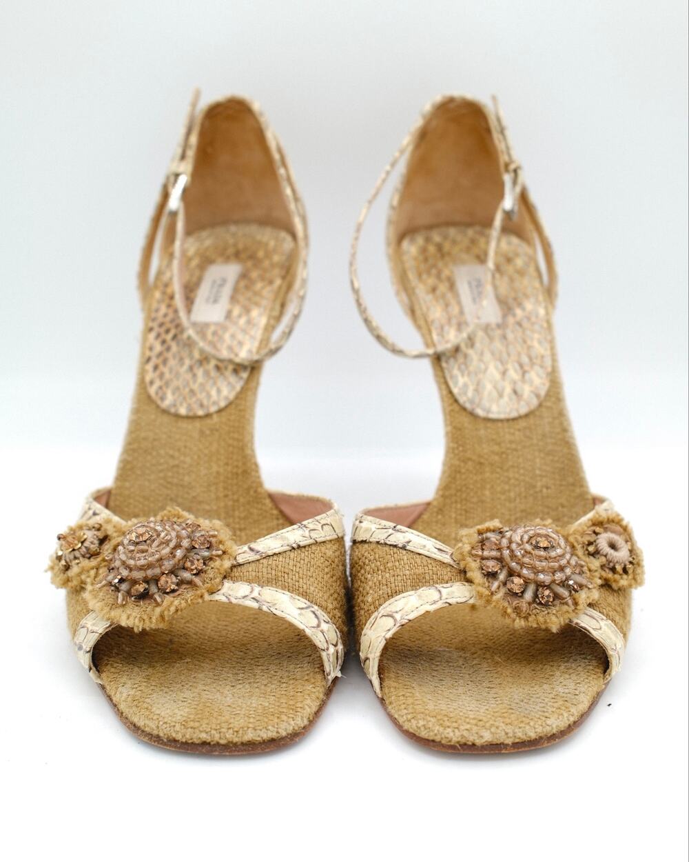 Prada Raffia and Snakeskin Leather Heel with Flowers 39.5